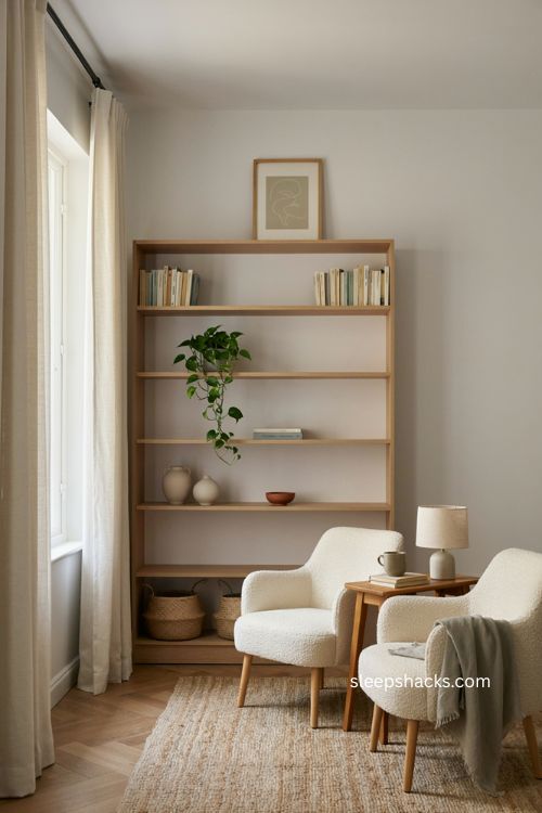 Clean lines and tidy shelves in an organized therapy office with white wood and soft green accents 