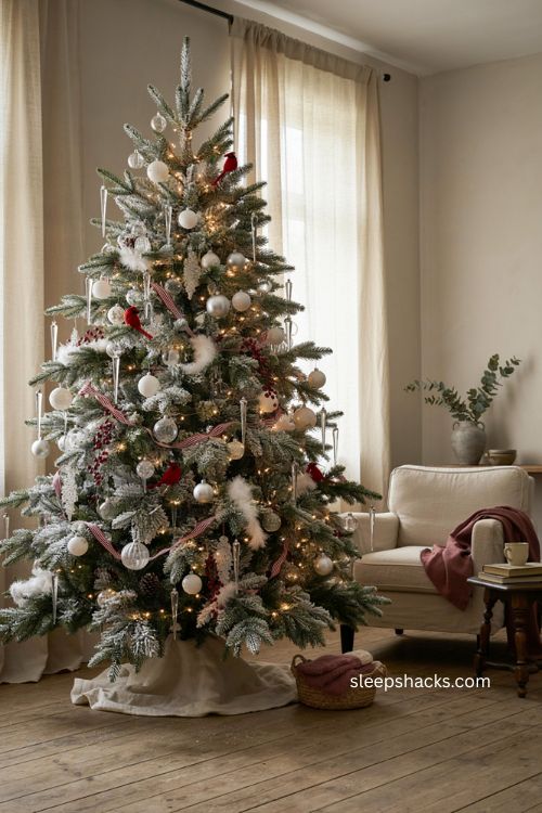 Clear and silver icicle ornaments on a white Christmas tree with cardinals and snowy winter decor 