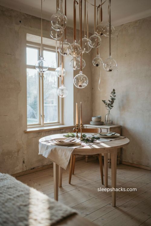 Clear glass Christmas ornaments hanging from ceiling 