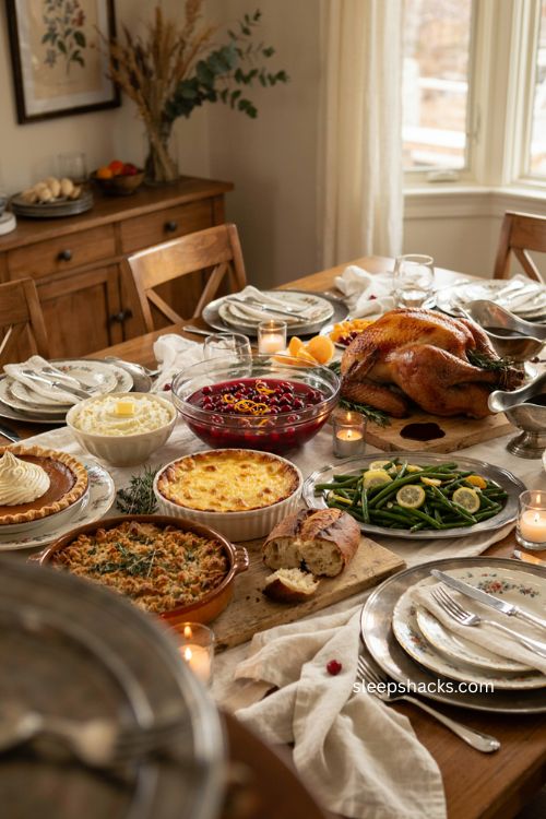 Clear glass cranberry sauce Thanksgiving table with orange zest turkey and homemade holiday spread 
