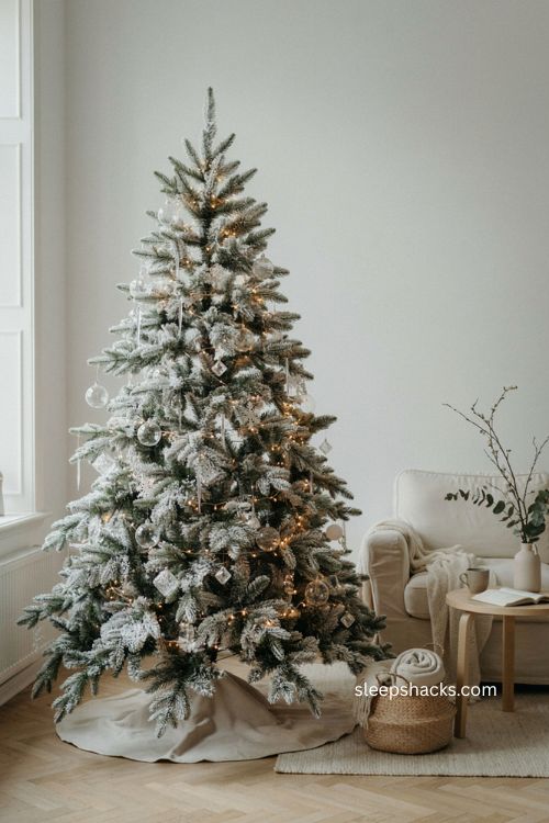 Clear glass ornaments on an airy all white Christmas tree 