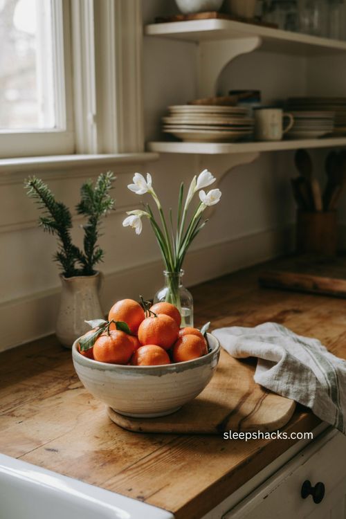 Clementine bowl and paperwhite flowers Christmas kitchen counter decor 