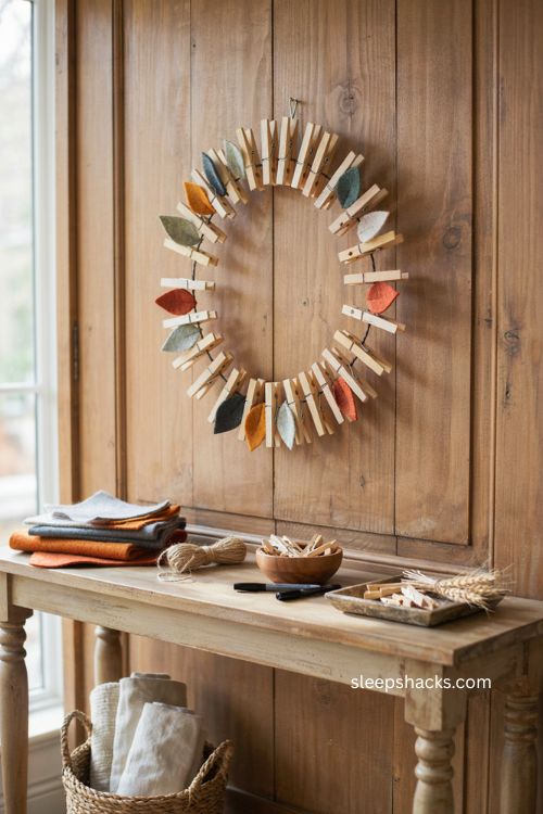 Clothespin gratitude wreath Thanksgiving door decor with felt leaves and wooden keepsake activity 