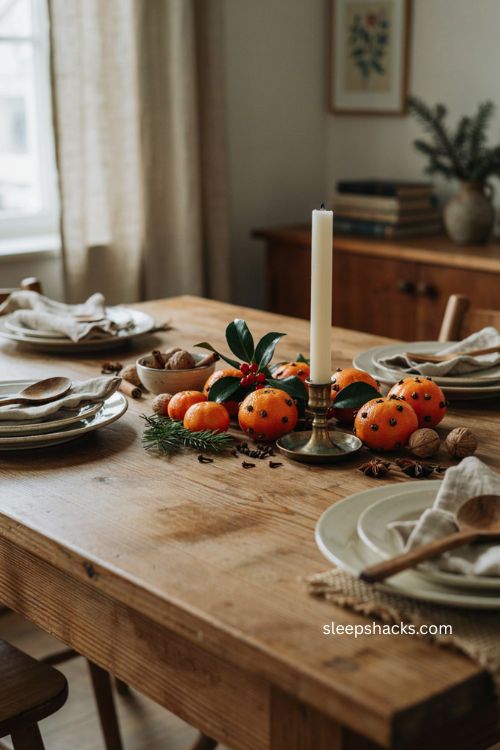 Clove studded citrus candle centerpiece with holly walnuts and Christmas spices