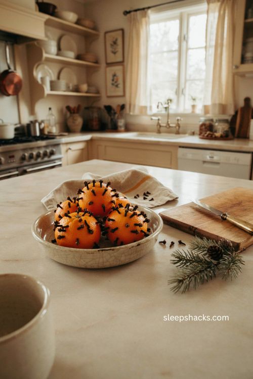 Clove studded oranges in a dish for nostalgic Christmas kitchen decor 