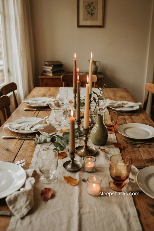 Clustered mismatched candle holders for easy Thanksgiving table decor