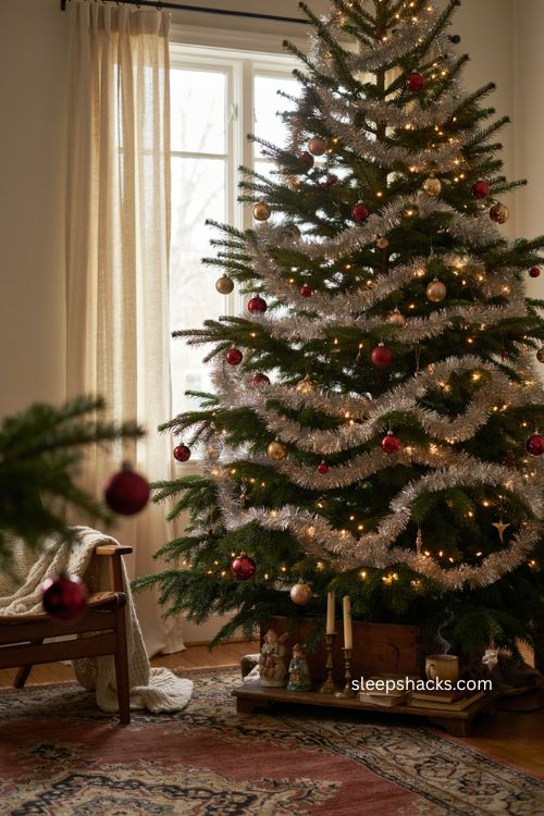 Clustered tinsel Christmas tree with dramatic shimmering layers