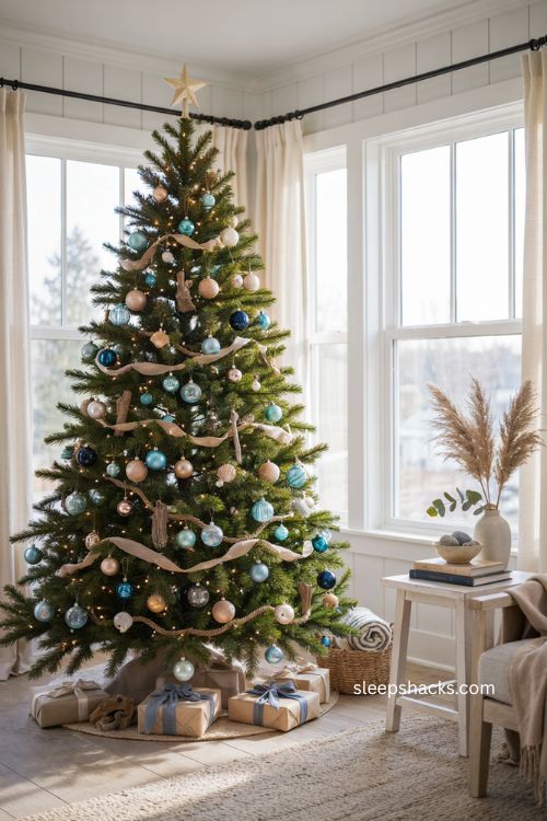 Coastal Christmas tree color palette with aqua seafoam navy and sandy neutral ornaments 