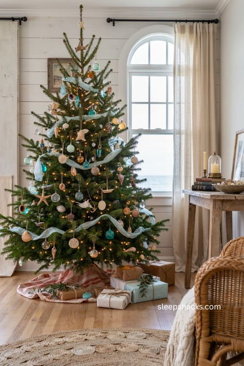 Coastal Christmas tree decorated with vacation shells sea glass and beach keepsakes 