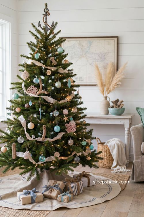 Coastal Christmas tree skirt with sandy beige aqua and striped fabric decor 