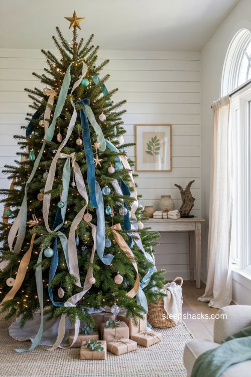 Coastal Christmas tree with aqua seafoam and blue velvet ribbon