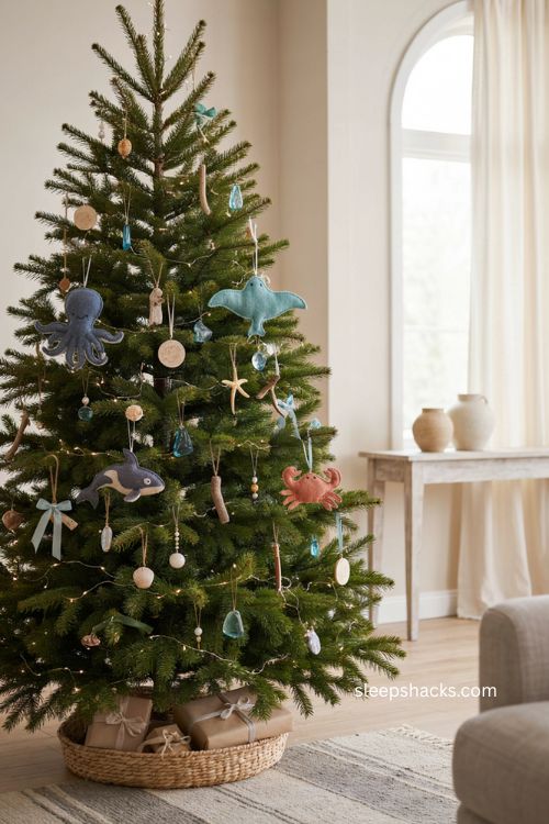 Coastal Christmas tree with felt octopus crab manta ray and orca ornaments 
