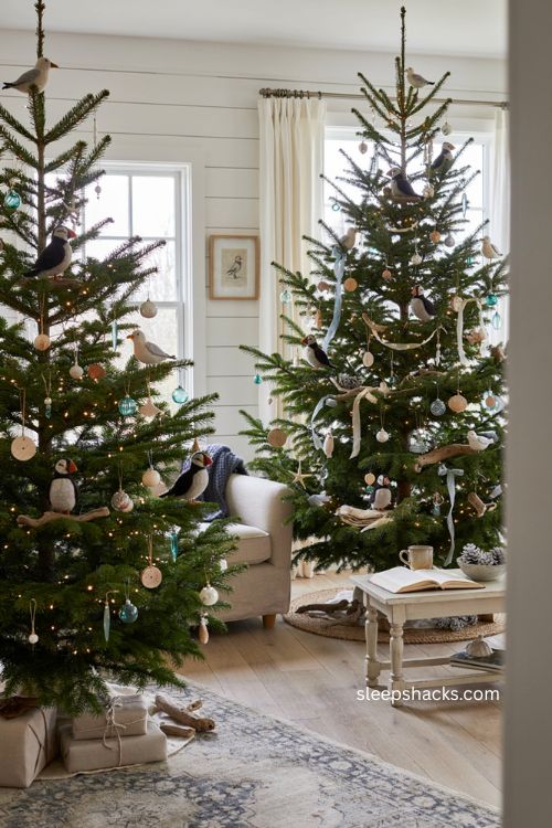 Coastal Christmas tree with felt puffin seabird ornaments and seaside charm 