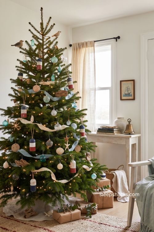 Coastal Christmas tree with mini wooden buoy ornaments in blue white and red 