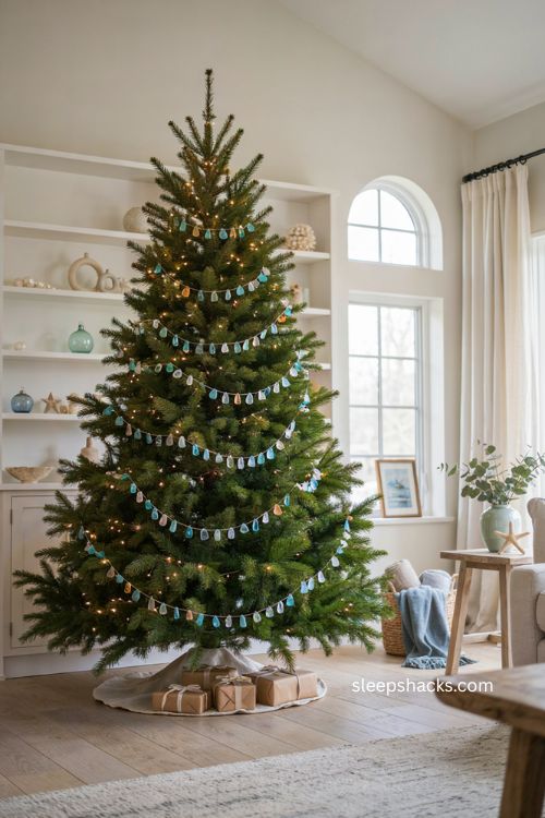 Coastal Christmas tree with sea glass garland in blue green and amber 