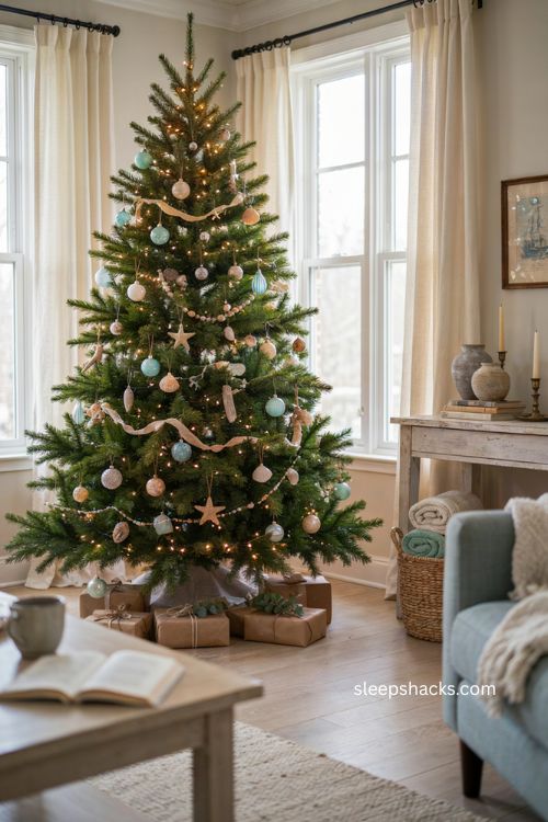 Coastal Christmas tree with seashells soft blue seafoam and driftwood decor 