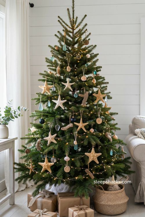 Coastal Christmas tree with starfish ornaments and jute twine 