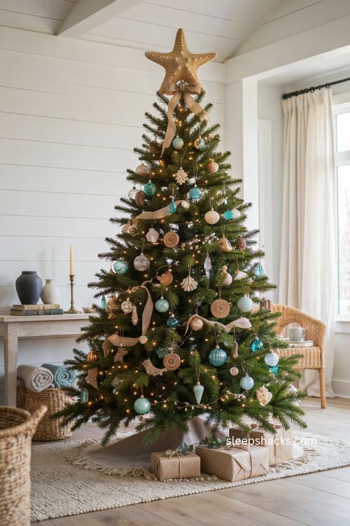 Coastal Christmas tree with starfish topper and nautical shell decor 