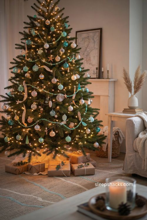 Coastal Christmas tree with warm white lights and blue ocean inspired accents 