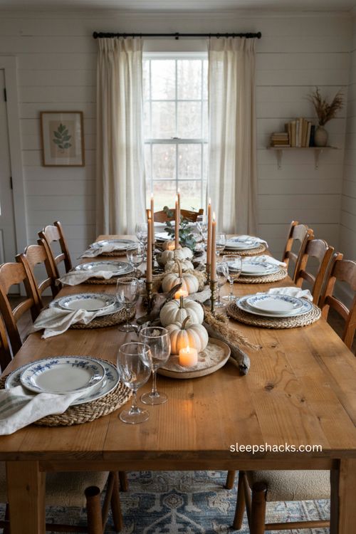 Coastal Thanksgiving centerpiece with blue white decor and mini pumpkins