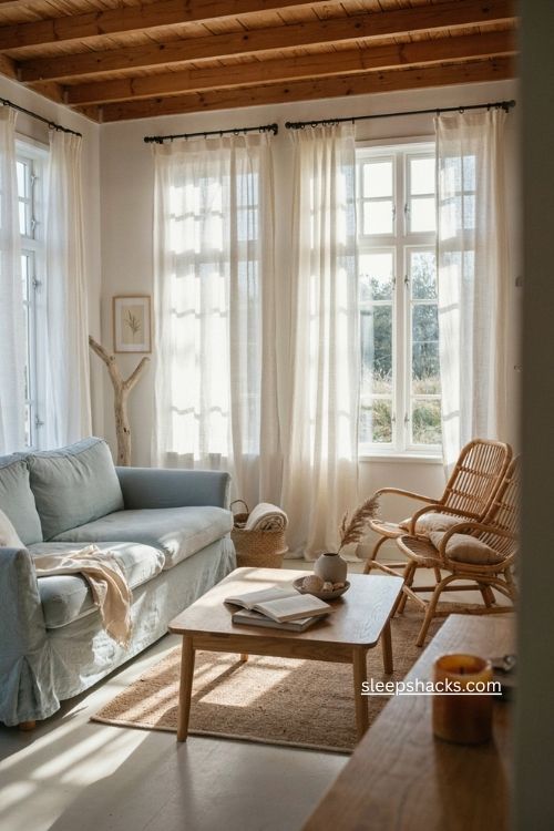 Coastal blue living room decor with natural wood ceiling and linen furniture