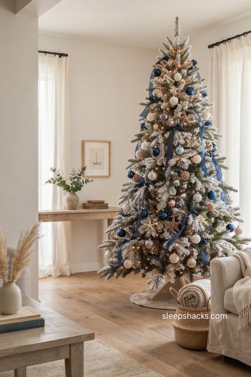 Coastal frosted Christmas tree with navy ribbon rope and nautical decor