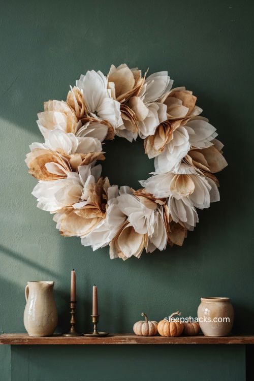 Coffee filter wreath on a bold green wall with vintage mantle decor 