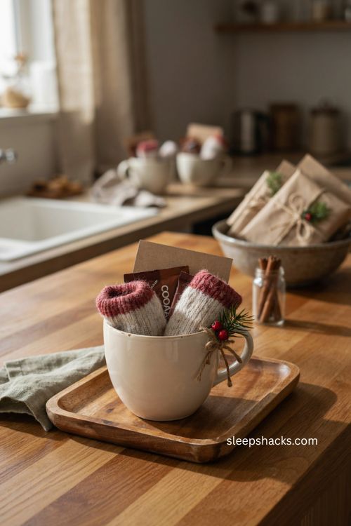 Coffee shop gift card Christmas mug with cocoa packets and fuzzy socks 