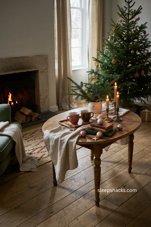 Coffee table christmas decor with greenery candles and cozy farmhouse accents