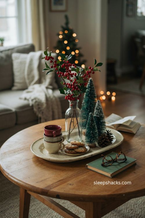 Coffee table christmas decor with red berries and bottle brush trees 