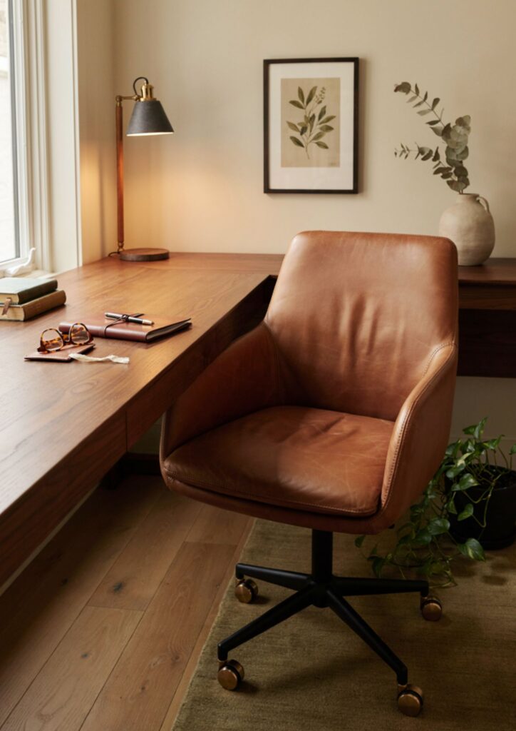 Cognac leather desk chair with walnut desk in a refined mens office
