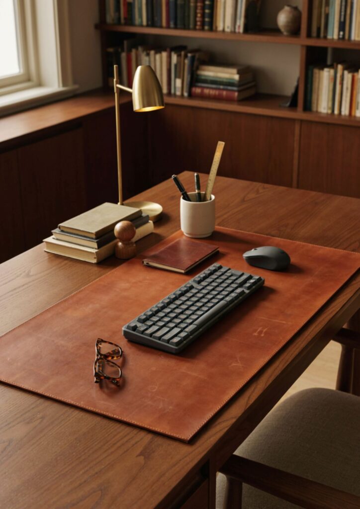 Cognac leather desk mat on walnut desk in a refined mens home office