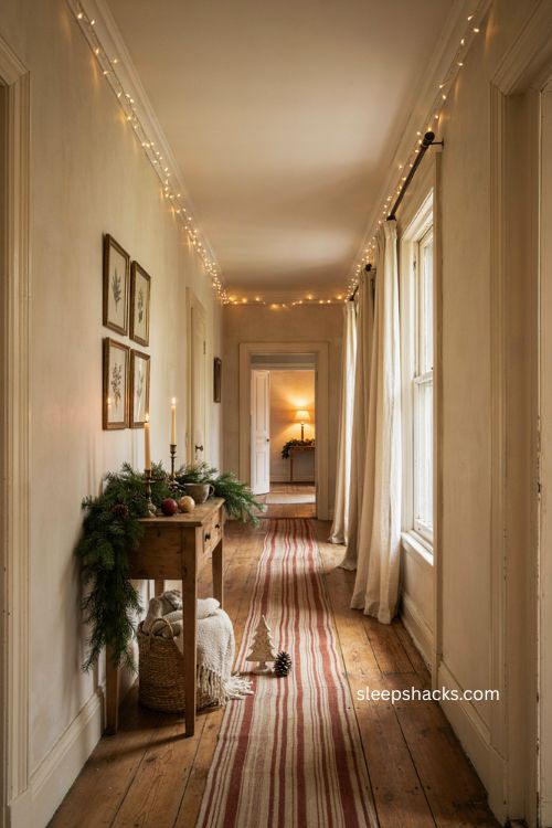 Cohesive Christmas hallway with ceiling lights and surrounding holiday decor 