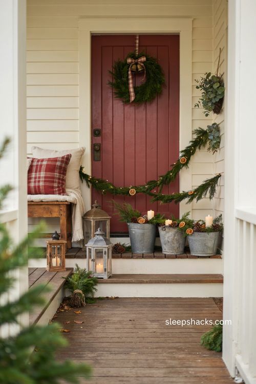 Cohesive farmhouse Christmas porch with red and green decor 