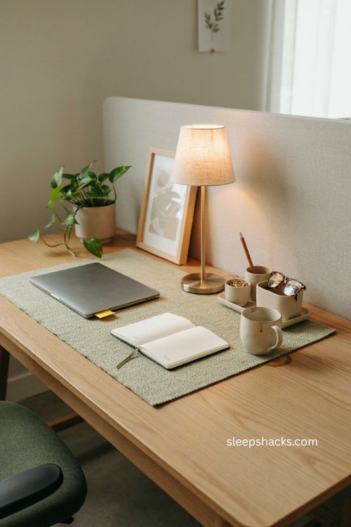Cohesive personalized office cubicle with desk mat plant organizer mug and framed decor 