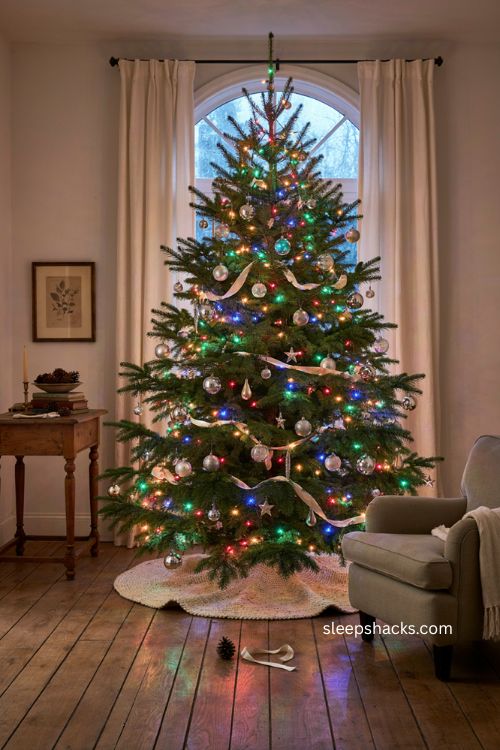 Color changing Christmas tree with neutral metallic ornaments