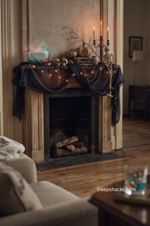 Color changing Halloween fireplace mantel with glowing witch brew bowl candelabra and skeleton