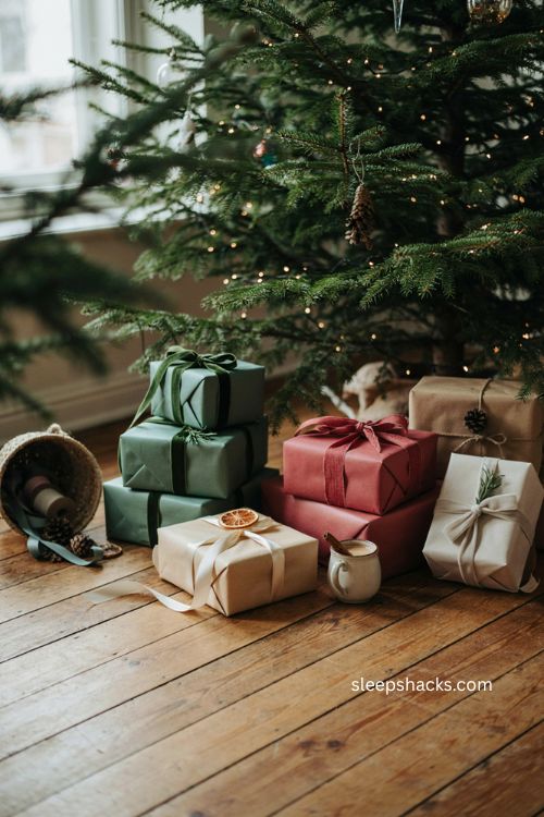 Color coded Christmas wrapping paper ideas with matching ribbons under the tree 