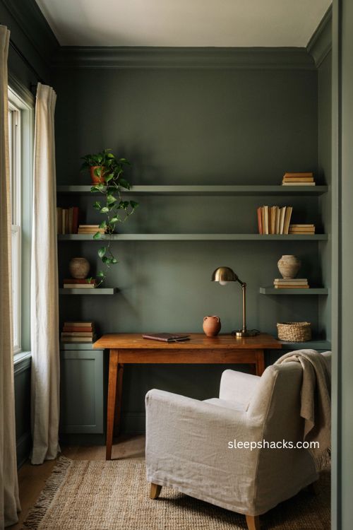 Color drenched small home office with deep green walls trim and built ins 
