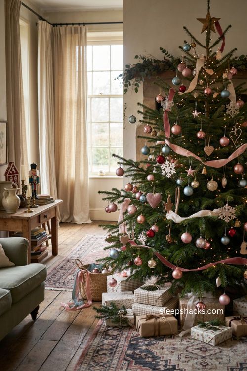 Colorful Christmas tree ideas with pastel rainbow ornaments and vintage festive decor 