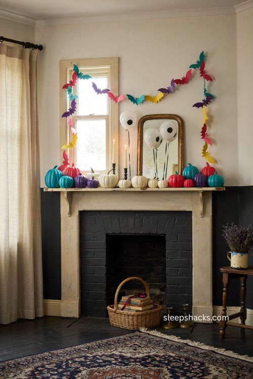 Colorful Halloween mantel with rainbow pumpkins black candlesticks and googly eyes 