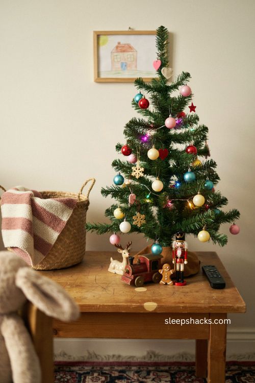 Colorful LED small Christmas tree with multicolor ornaments