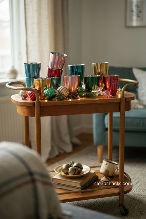 Colorful anodized aluminum cups and pitchers as vintage Christmas decor 