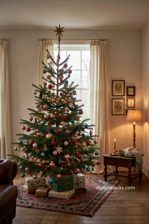 Colorful glass ornaments on a Christmas tree with jewel tones pastel shades and warm metallics 