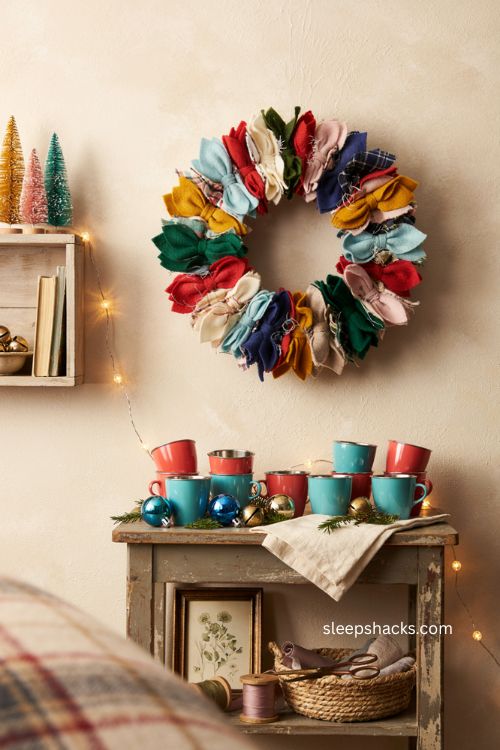 Colorful handmade felt fabric wreath in vintage Christmas decor 