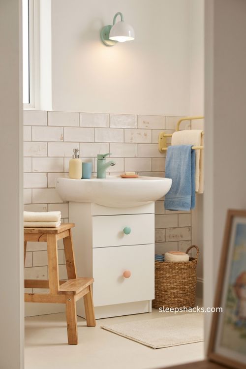 Colorful kids bathroom ideas with pastel faucet and playful hardware