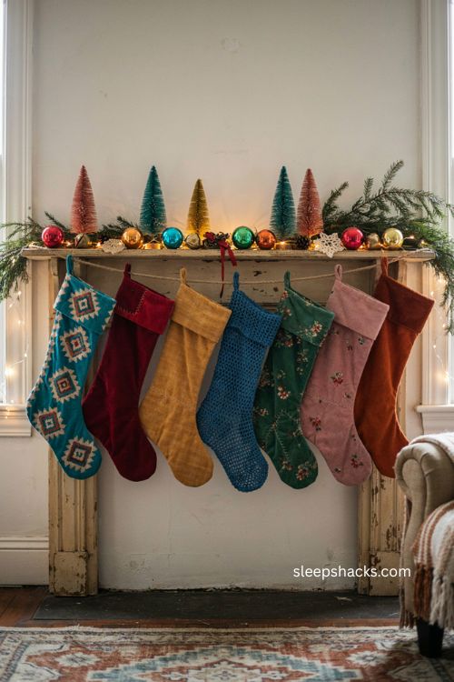 Colorful mismatched stockings in a vintage Christmas mantel display 