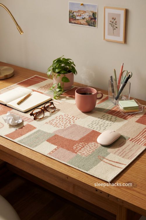 Colorful office desk mat with muted pattern cozy cubicle decor and coordinated workspace accessories 