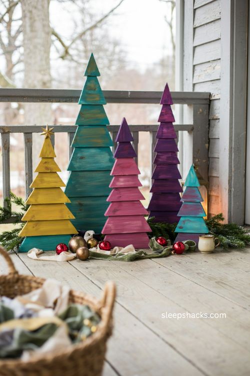 Colorful painted wood grinch trees with teal magenta mustard and purple porch decor