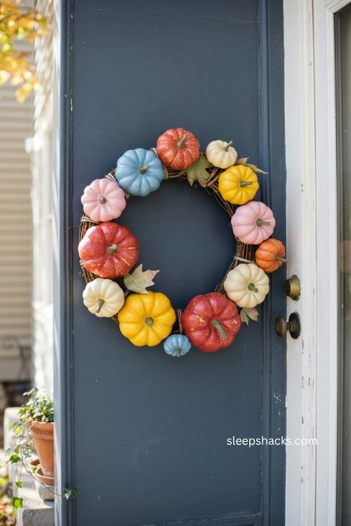 Colorful pumpkin wreath with pink blue yellow and red painted gourds 